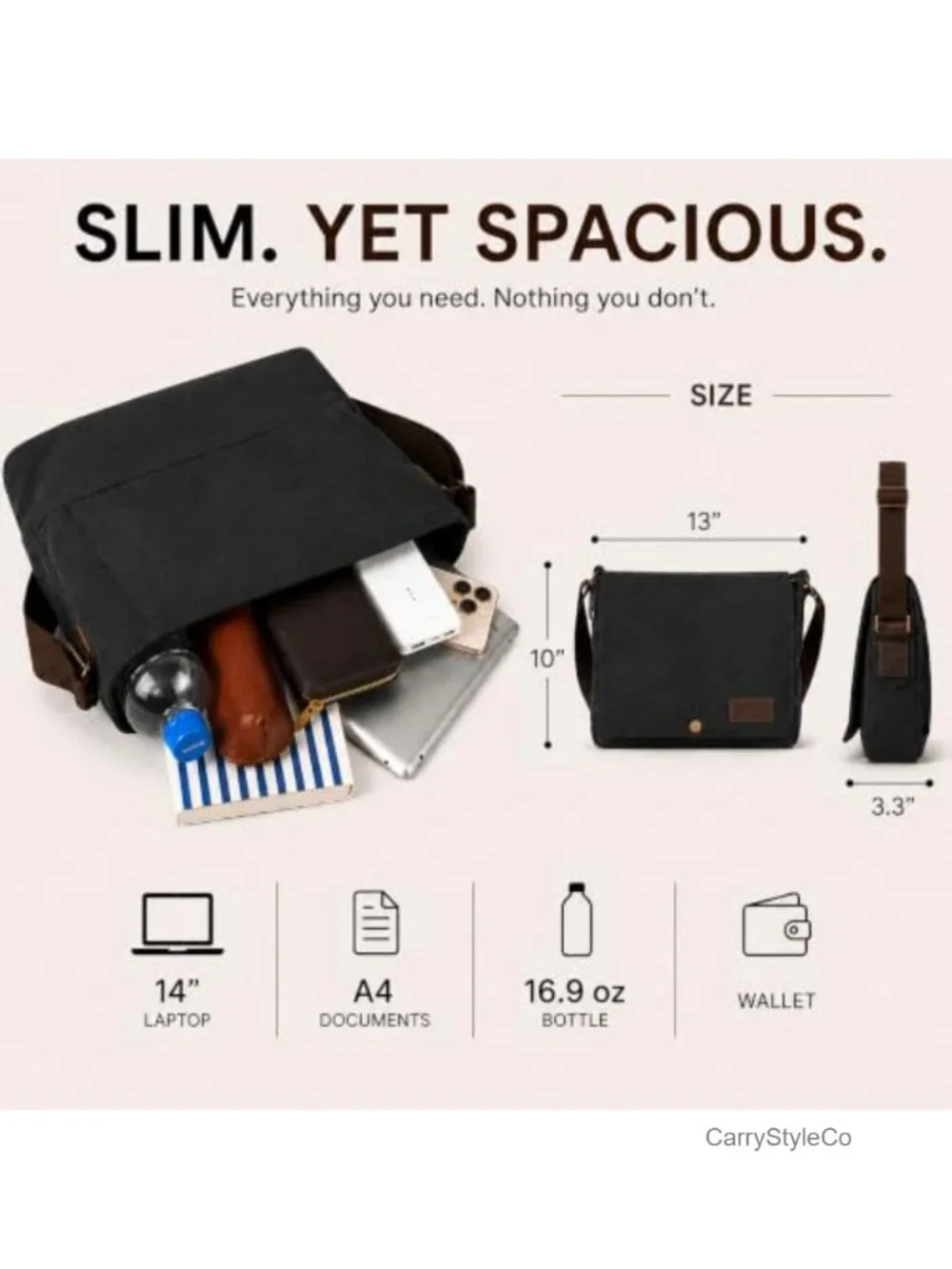 Canvas Messenger Bag for Men with PU Leather Trim Fits 14